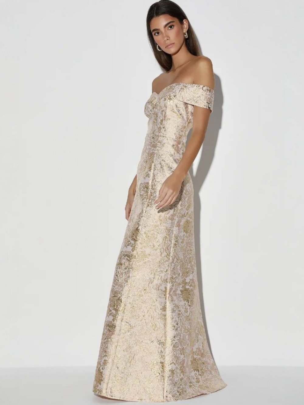 Lulus Illustrious Champagne Jacquard Off-the-Shoulder Maxi Dress NWT - Picture 4 of 15